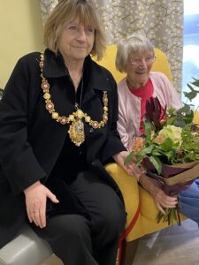 The Mayor of Todmorden with Joan on her 100th birthday.