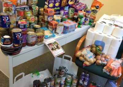 Photo of canned and fresh food all piled up, for food parcels